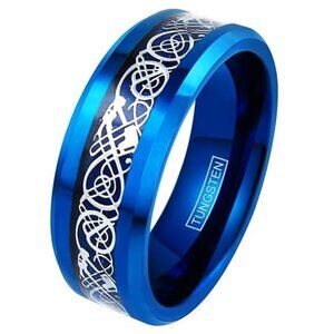 Men's Wedding Band Ring - Blue Celtic Dragon Carbon Fiber - Wedding Rings